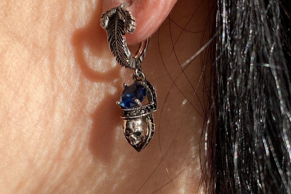 Women's skull earrings Silver skull earrings Skull gift for her Sapphire and black gems