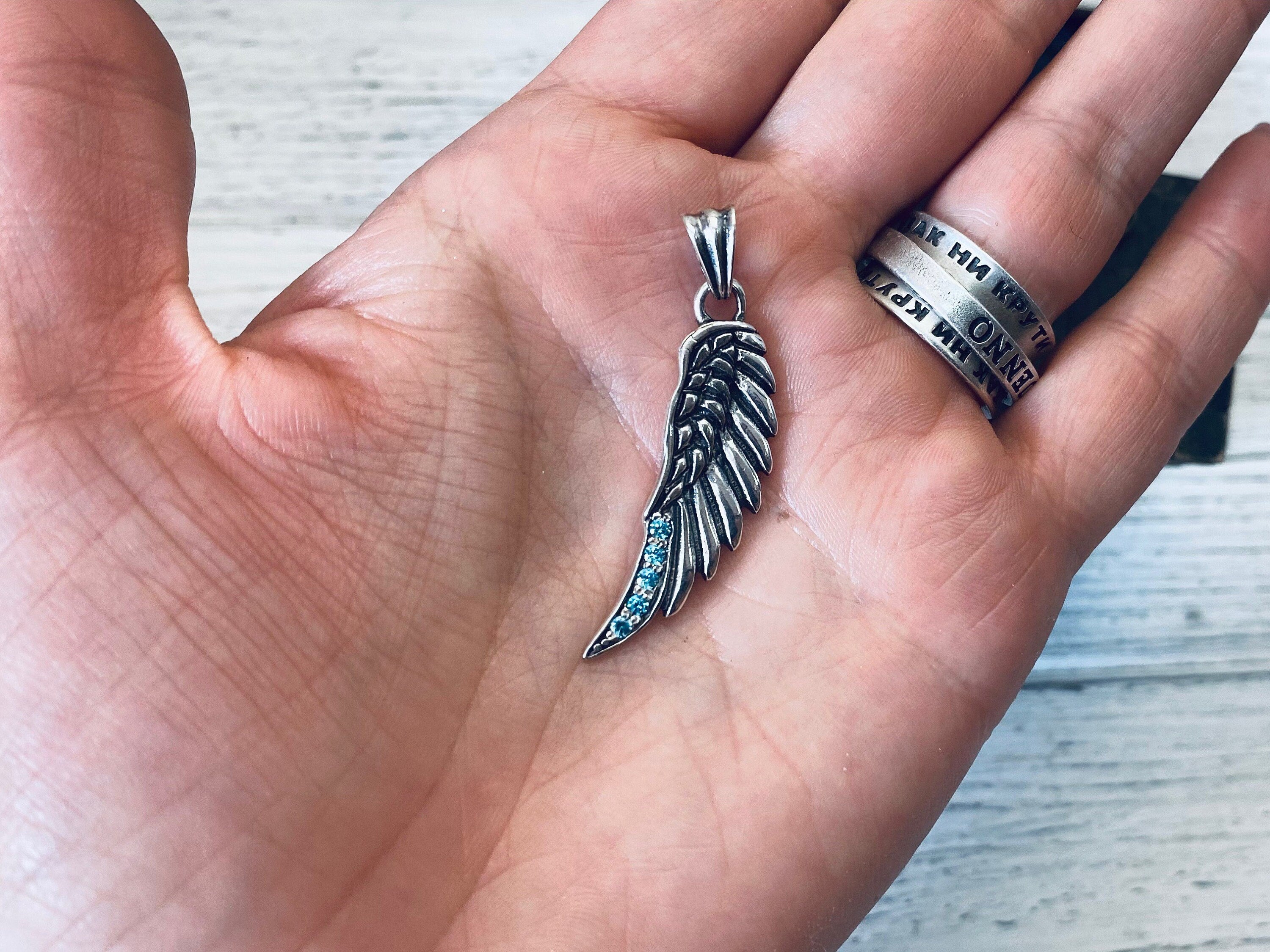 Silver pendant Wing with blue gemstones Silver wing Angel wings 925 sterling silver wing charms