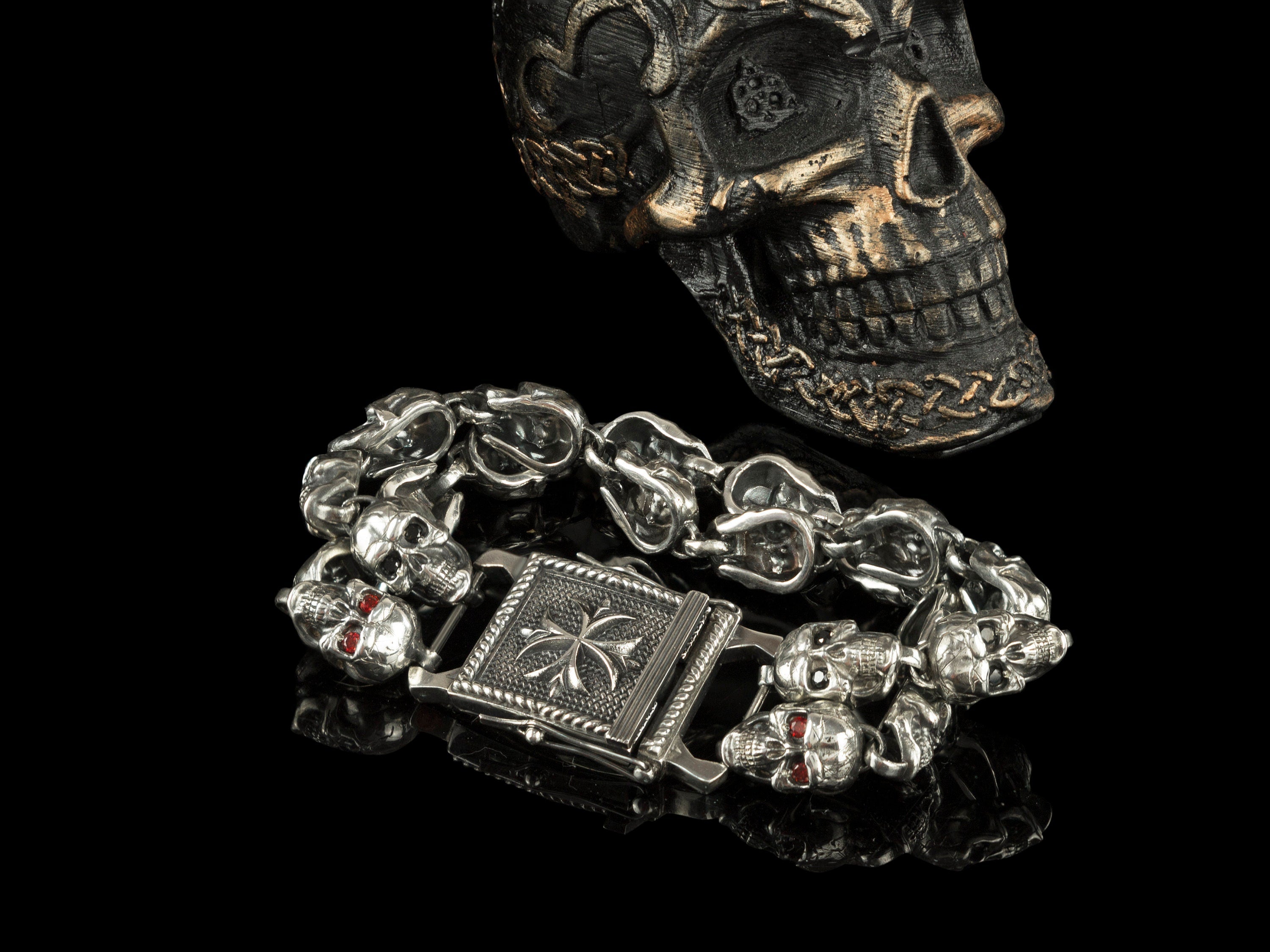 Biker bracelet Skull bracelet Huge silver skull bracelet Gift for biker Skull jewelry