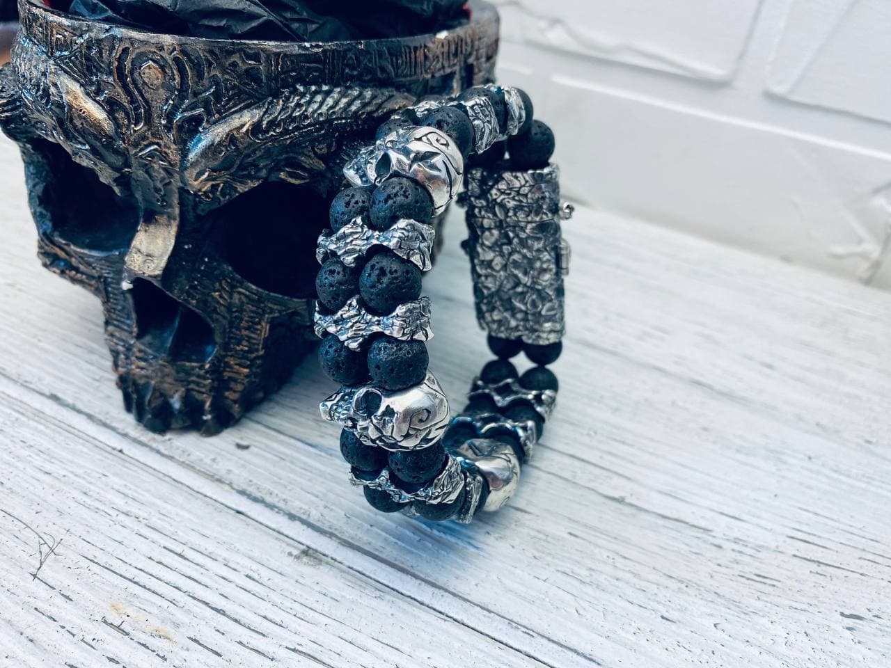 Huge silver bracelet with skull and volcanic lava Skull bracelet Biker jewelry