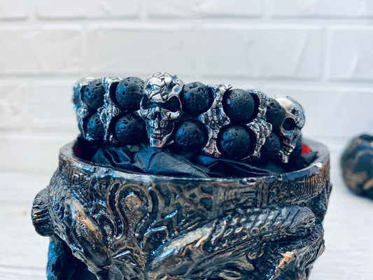 Huge silver bracelet with skull and volcanic lava Skull bracelet Biker jewelry