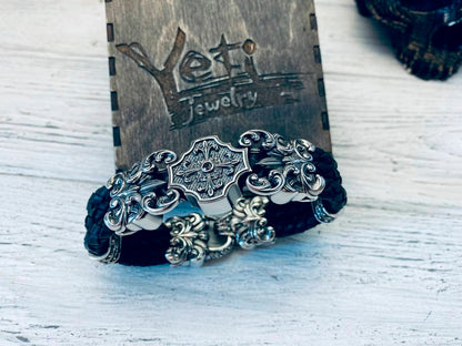 Heavy men silver bracelet  with black leather 25 width Biker jewelry Brutalist men bracelet