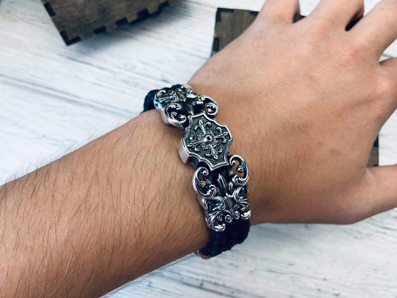 Heavy men silver bracelet  with black leather 22 width Biker jewelry Brutalist men bracelet