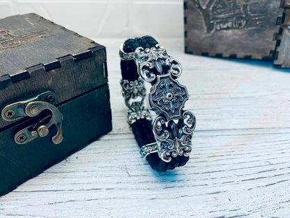 Heavy men silver bracelet  with black leather 22 width Biker jewelry Brutalist men bracelet