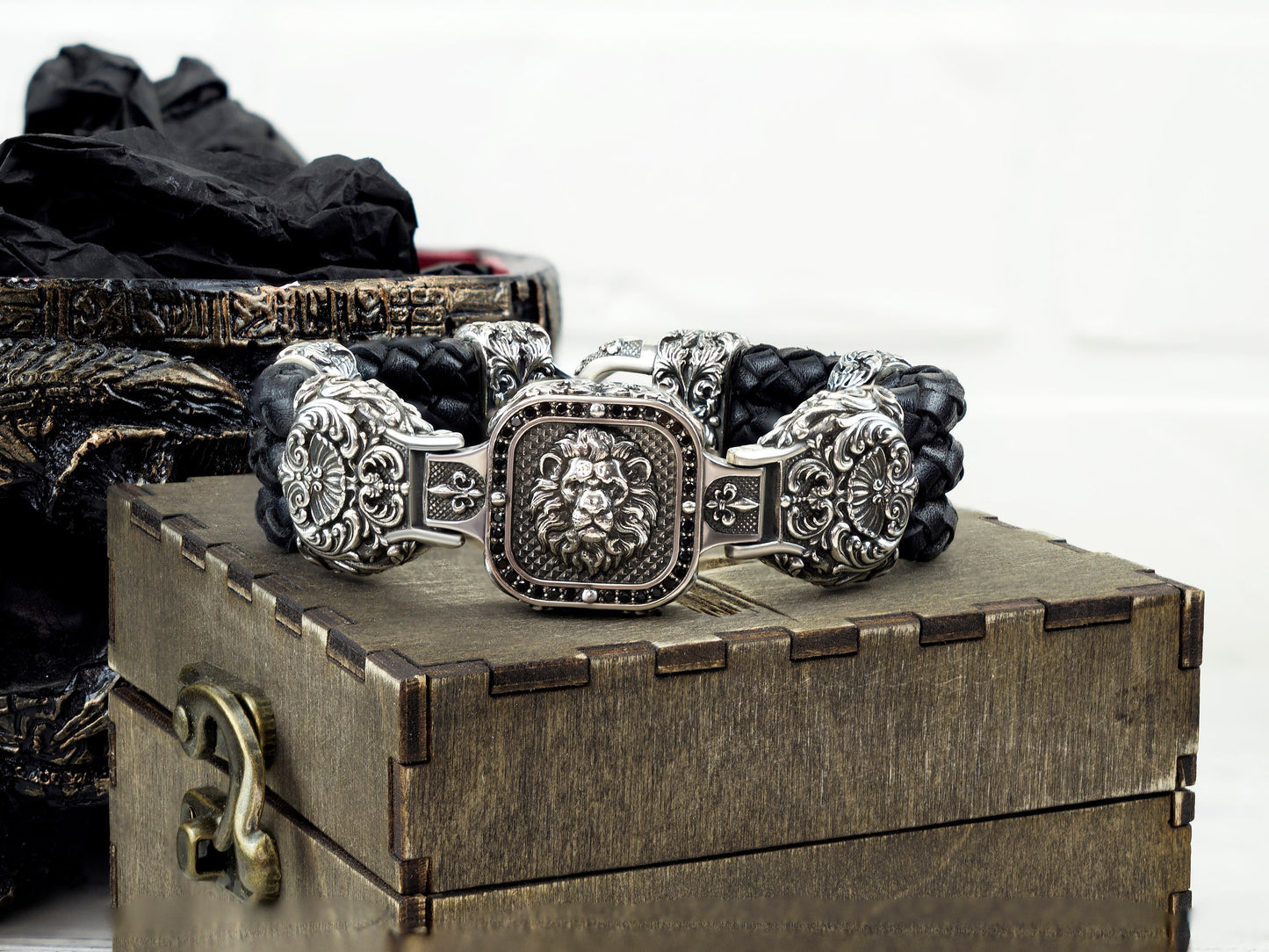 Silver bracelet Lion Biker jewelry  king of beasts Genuine leather & 925 sterling silver