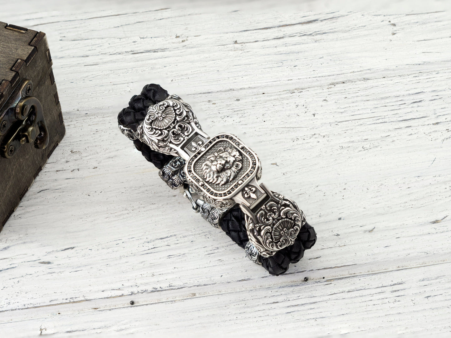 Silver bracelet Lion Biker jewelry  king of beasts Genuine leather & 925 sterling silver