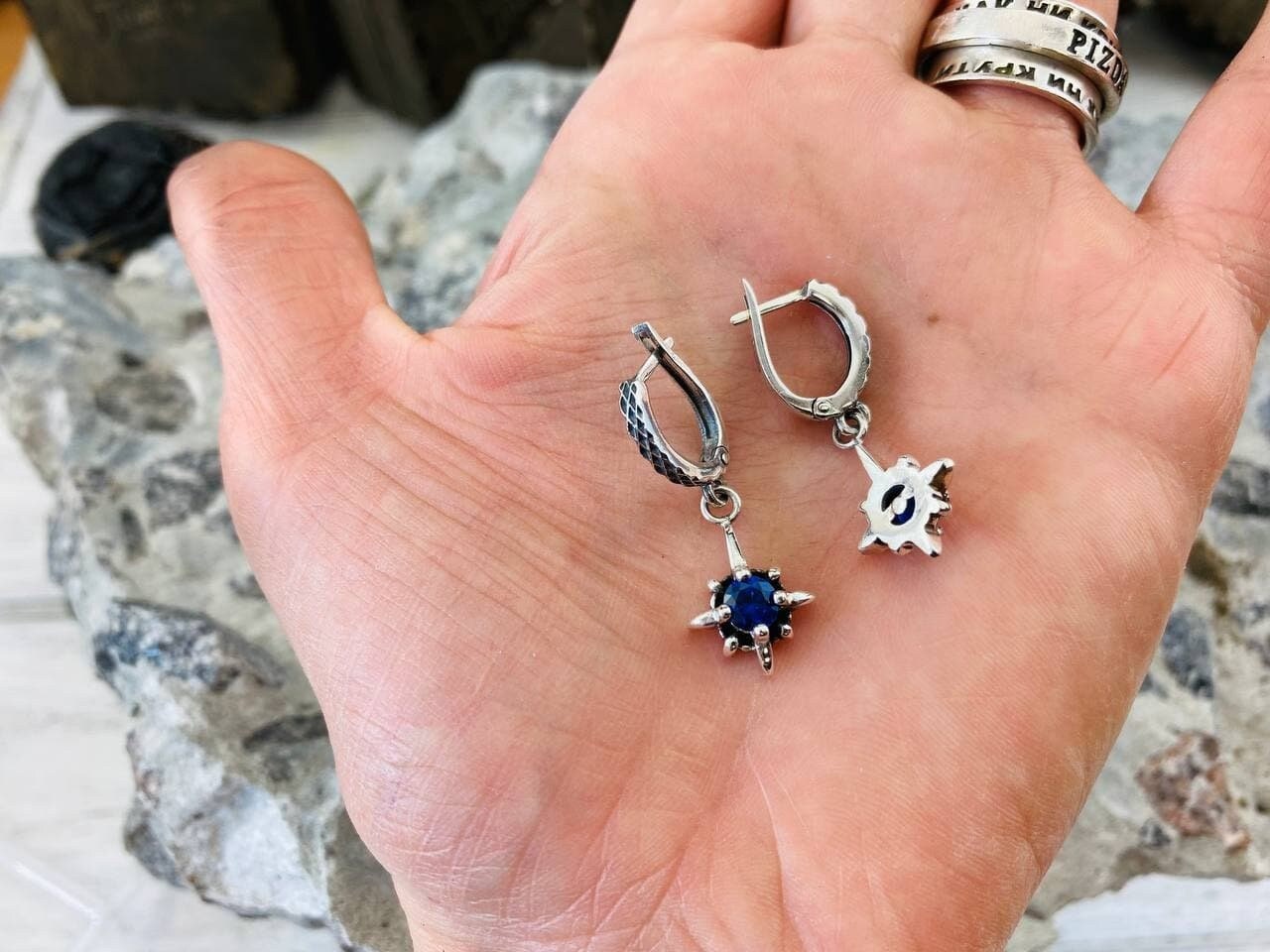 Women star earrings Silver earrings Drop star earrings Silver blue earrings Gothic jewelry Star jewelry