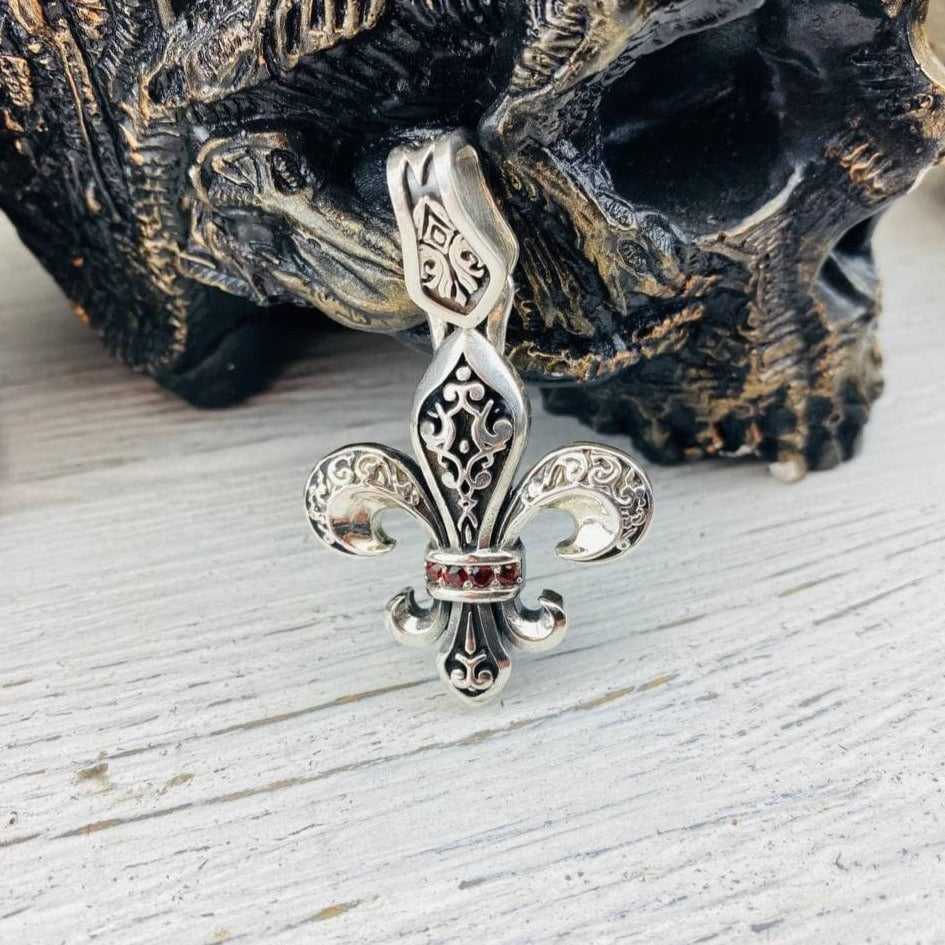 Fleur de lis silver pendant with natural garnet  French lily  jewelry Biker pendant