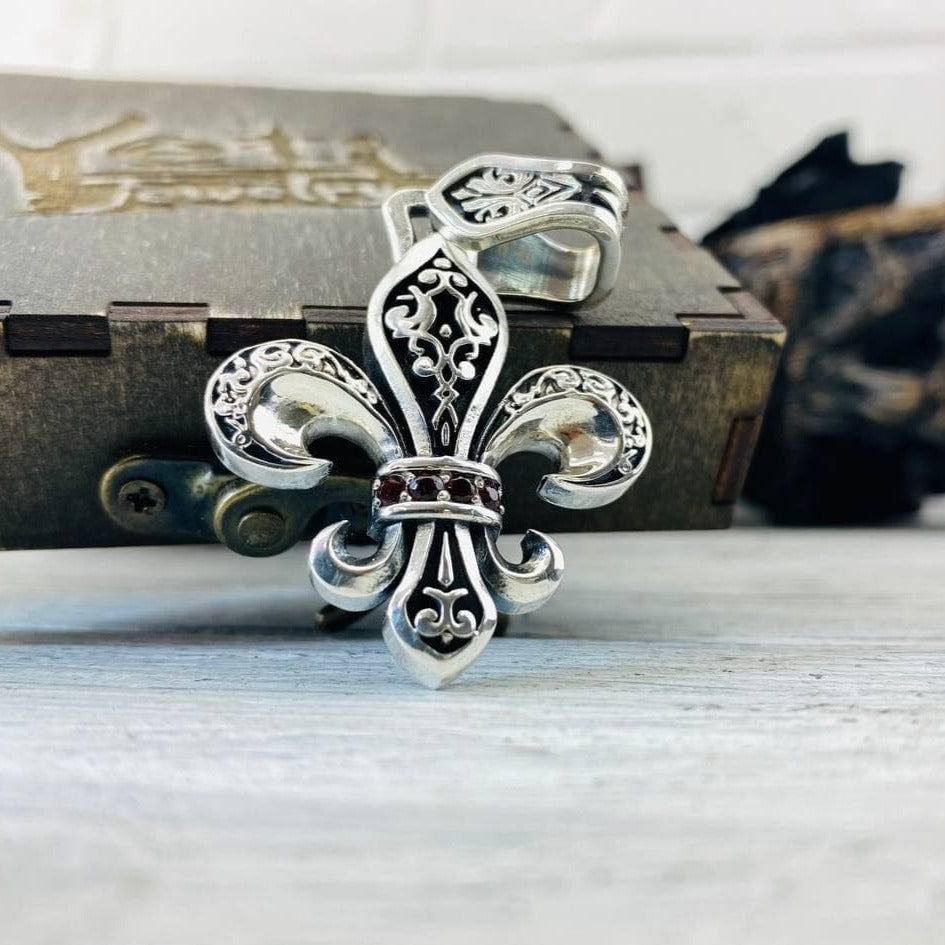 Fleur de lis silver pendant with natural garnet  French lily  jewelry Biker pendant