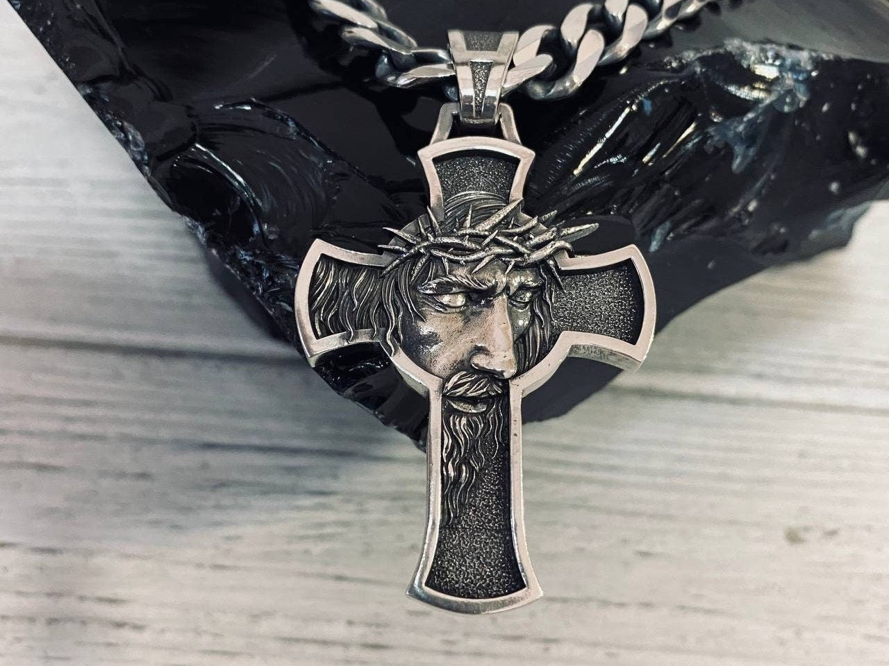 Huge silver cross Jesus Jesus pendant God with us jewelry