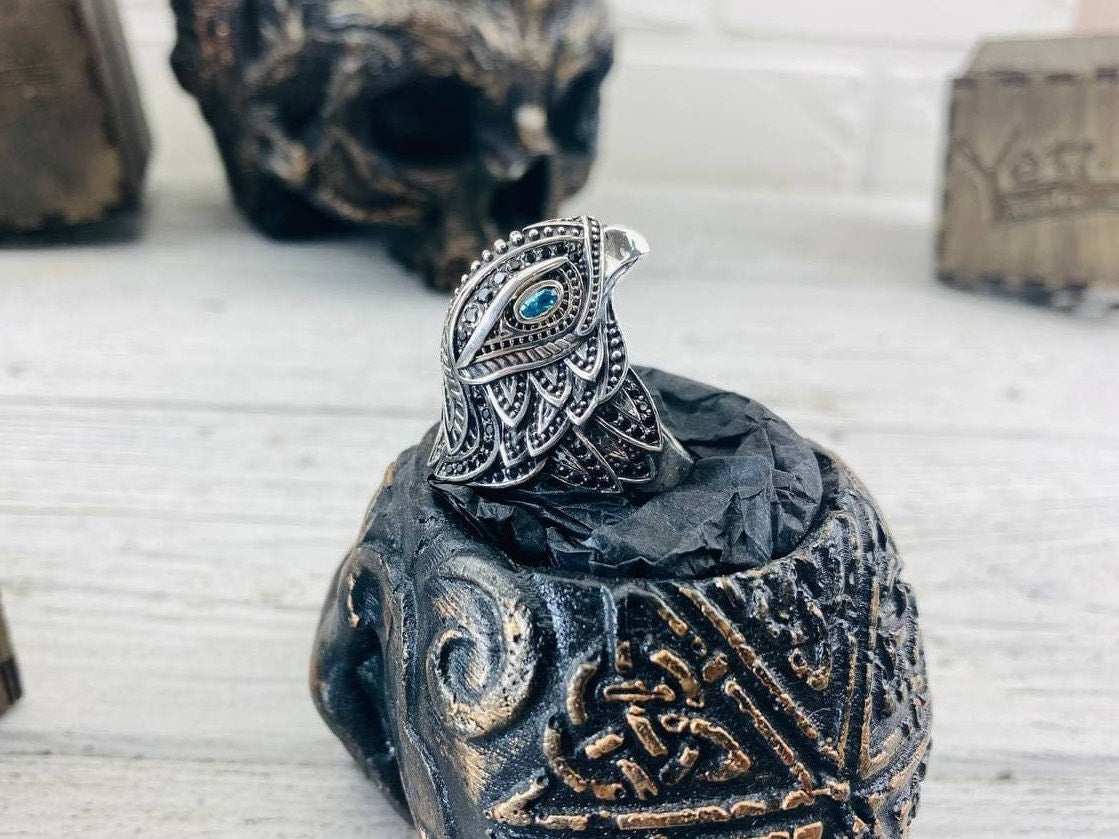 Hawk ring Women's falcon ring Gemstones silver ring hawk Bird
