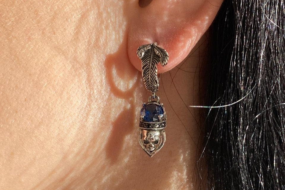 Women's skull earrings Silver skull earrings Skull gift for her Sapphire and black gems