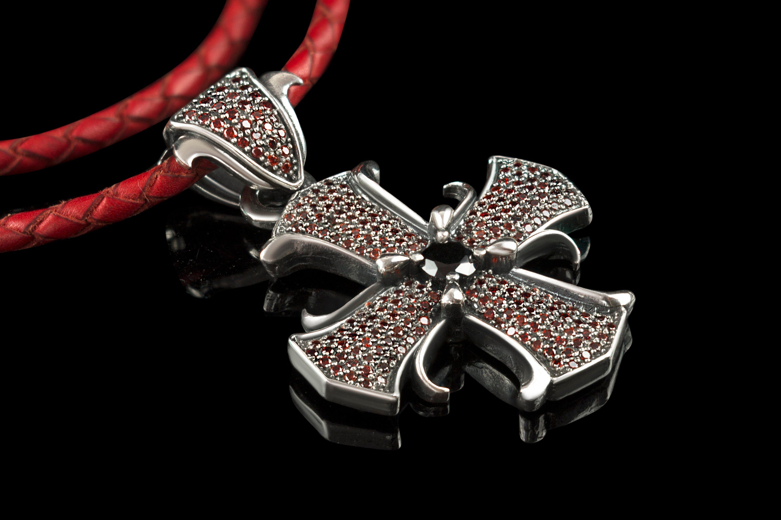 Medieval cross women's pendant Sterling silver pendant with red gemstones Women's cross pendant