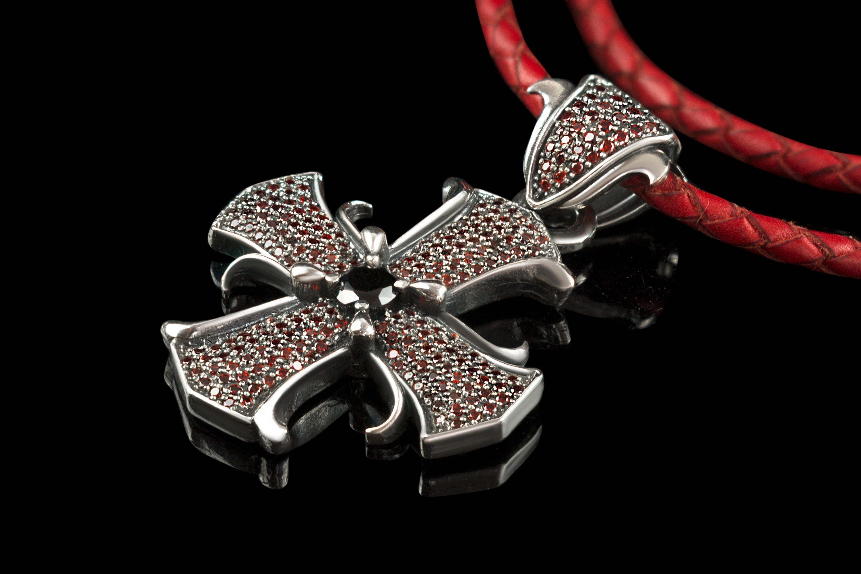 Medieval cross women's pendant Sterling silver pendant with red gemstones Women's cross pendant