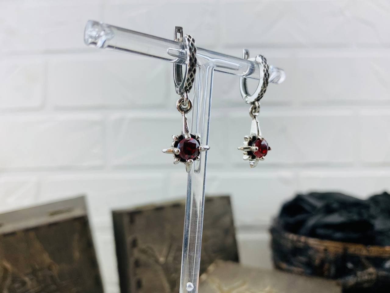 Women star earrings Silver earrings Drop star earrings Silver red earrings Gothic jewelry Star jewelry