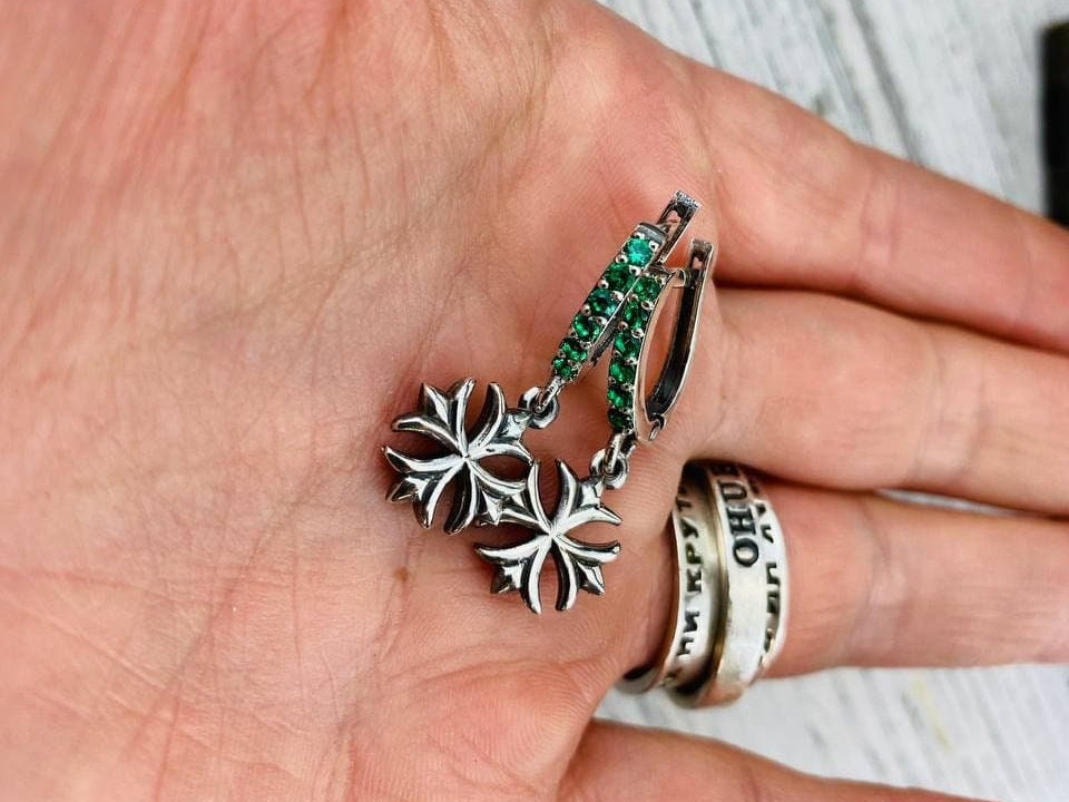 Maltese cross earrings Silver earrings with green gemstones Women goth earring Silver Maltese cross jewelry