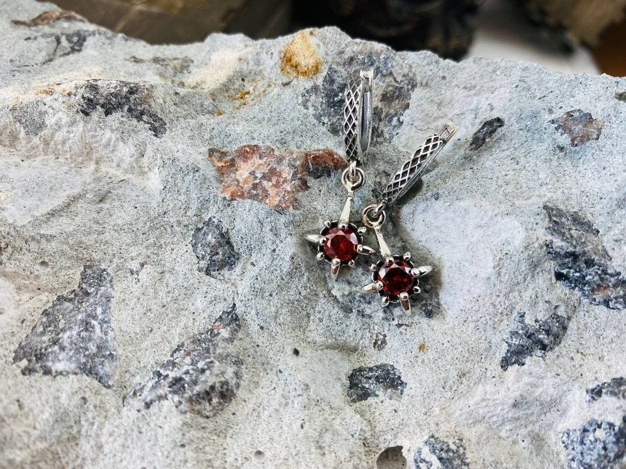 Women star earrings Silver earrings Drop star earrings Silver red earrings Gothic jewelry Star jewelry