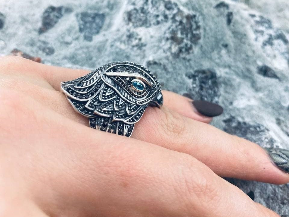 Hawk ring Women's falcon ring Gemstones silver ring hawk Bird