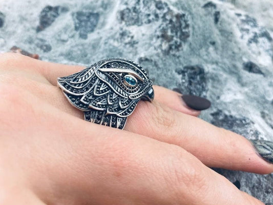 Hawk ring Women's falcon ring Gemstones silver ring hawk Bird