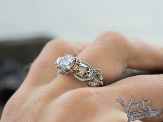 Adjustable women's  skull ring Silver skull ring Feather ring Skull jewelry