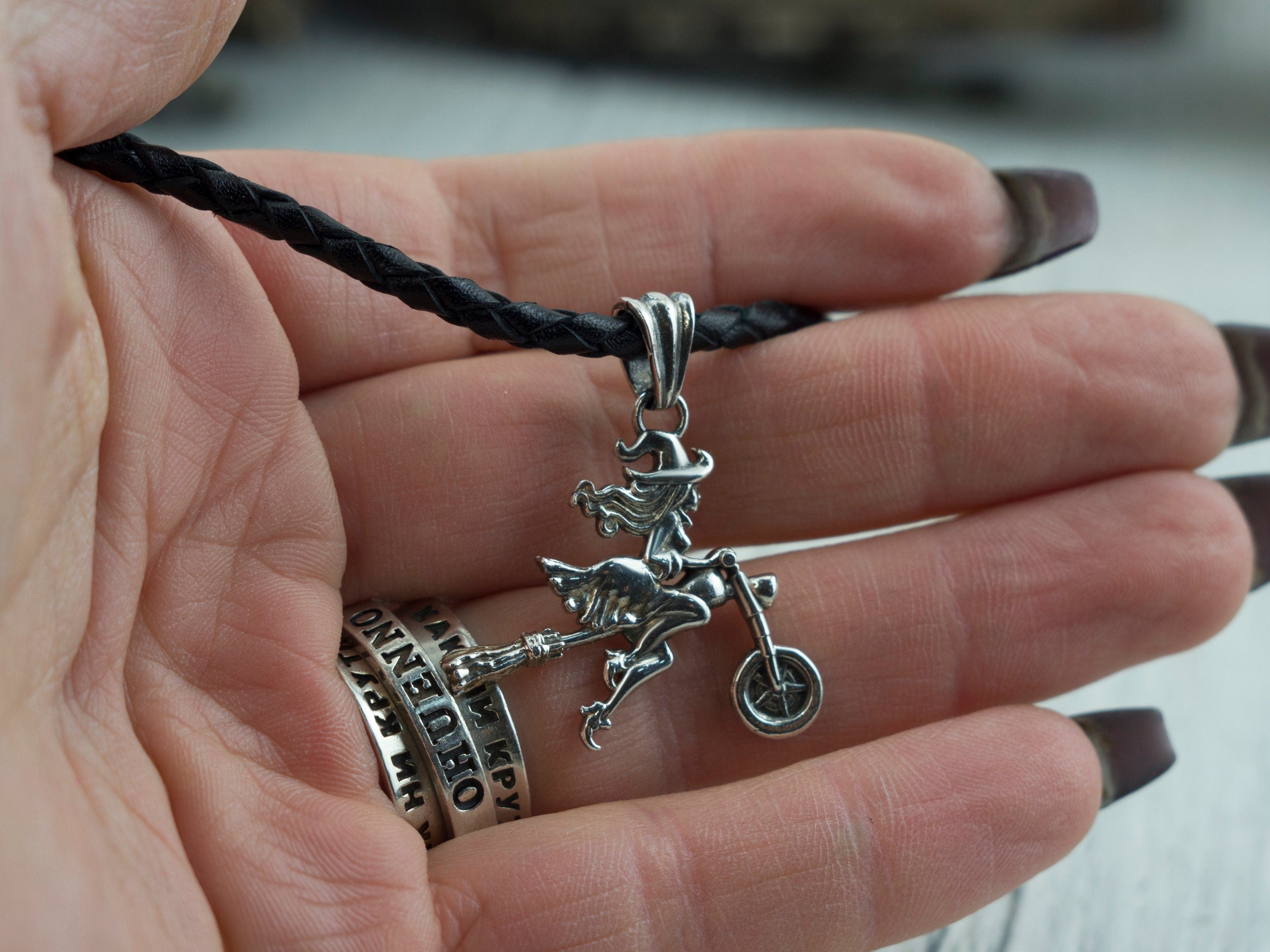 Biker witch pendant Witch on motorcycle pendant with leather cord