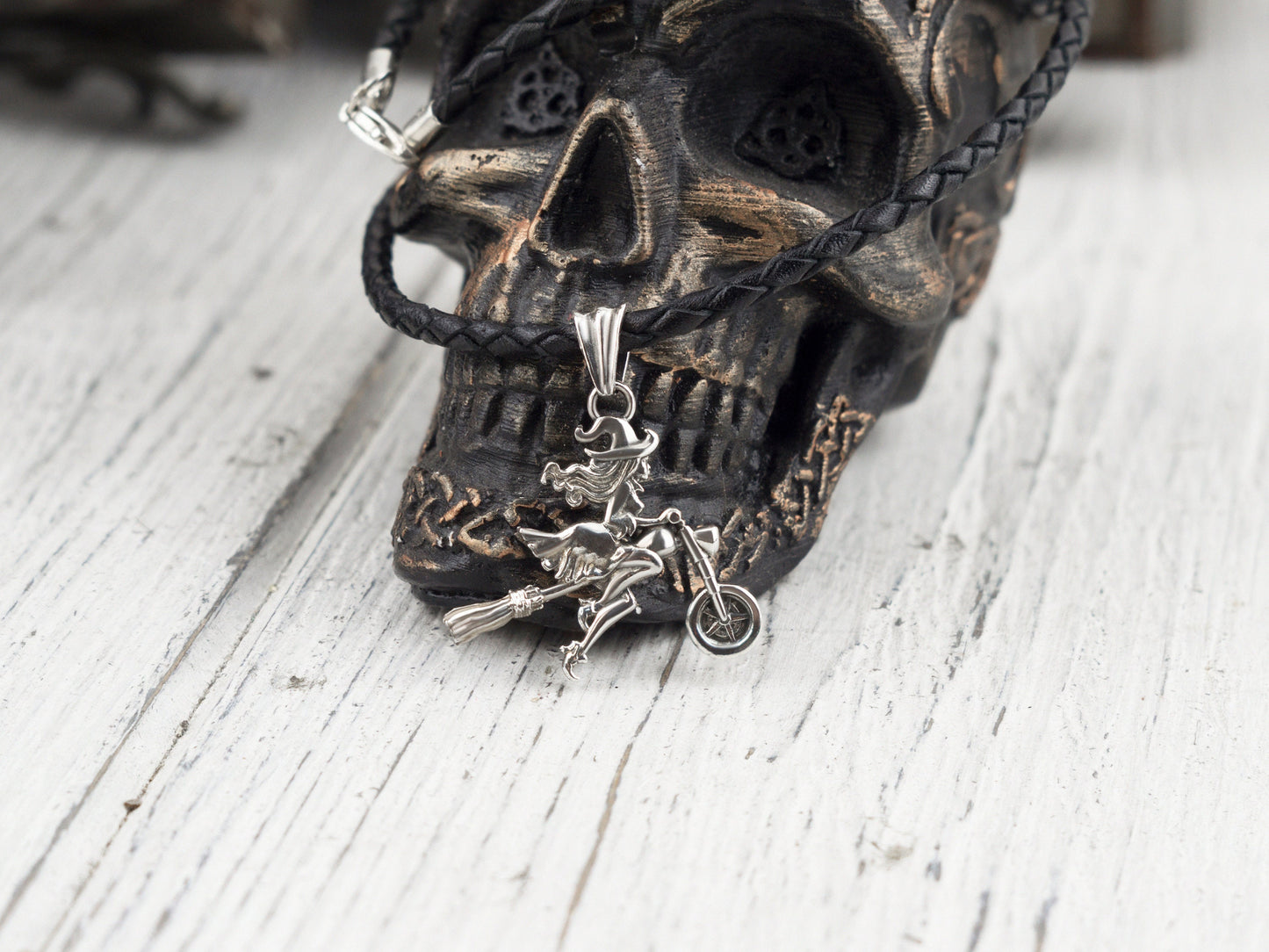 Biker witch pendant Witch on motorcycle pendant with leather cord