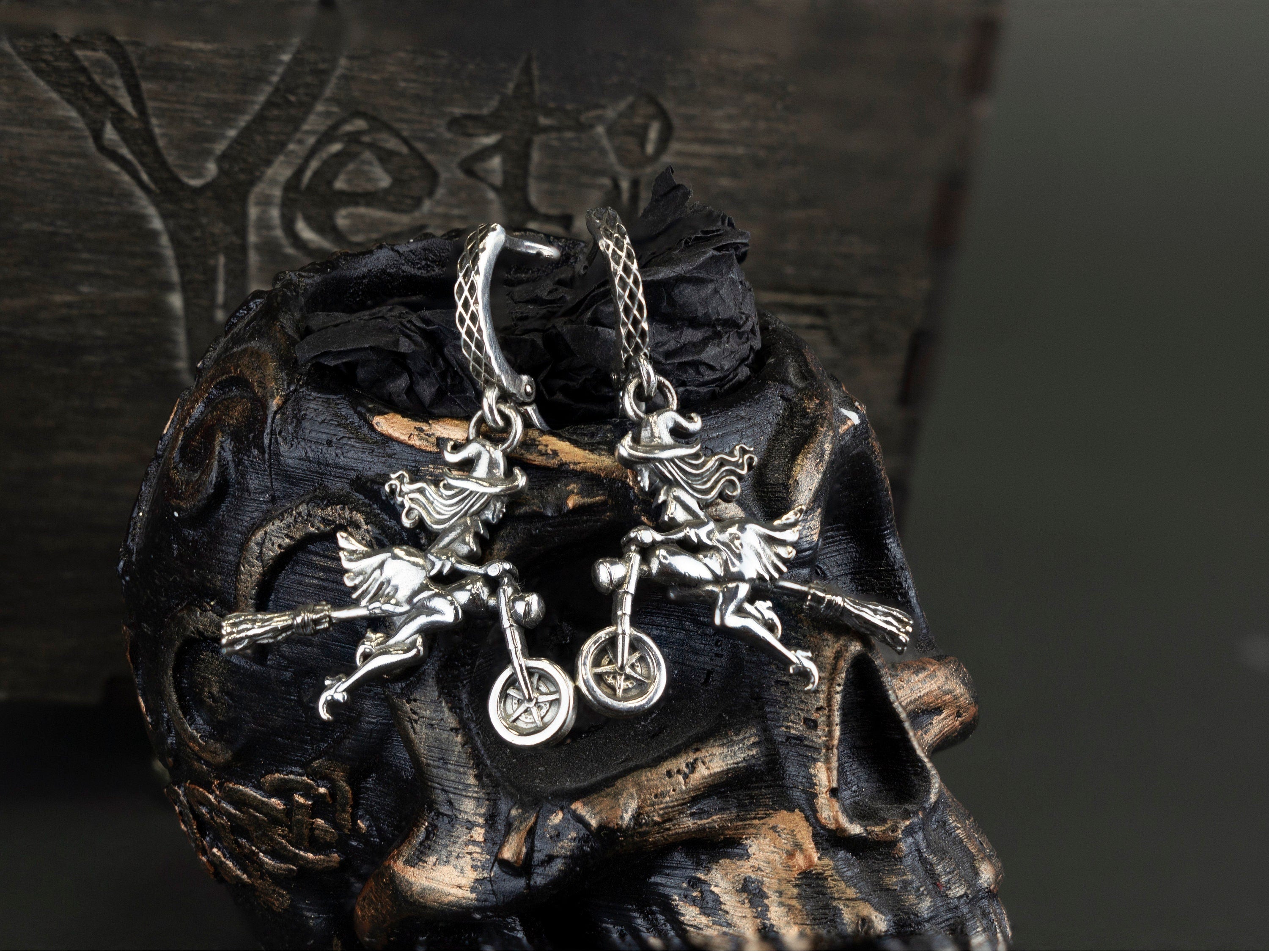 Wiches earrings Witch on bike Silver gift for motorcycle lady   Witch on a motorcycle