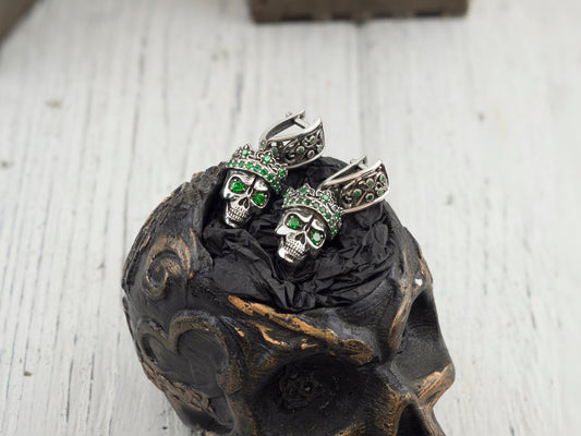 Silver skull earrings Women skull jewelry Santa Muerte earrings Green gemstones