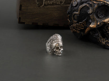 Skull Indian ring Silver skull Native American  Ring with Indian roach headdress Biker jewelry