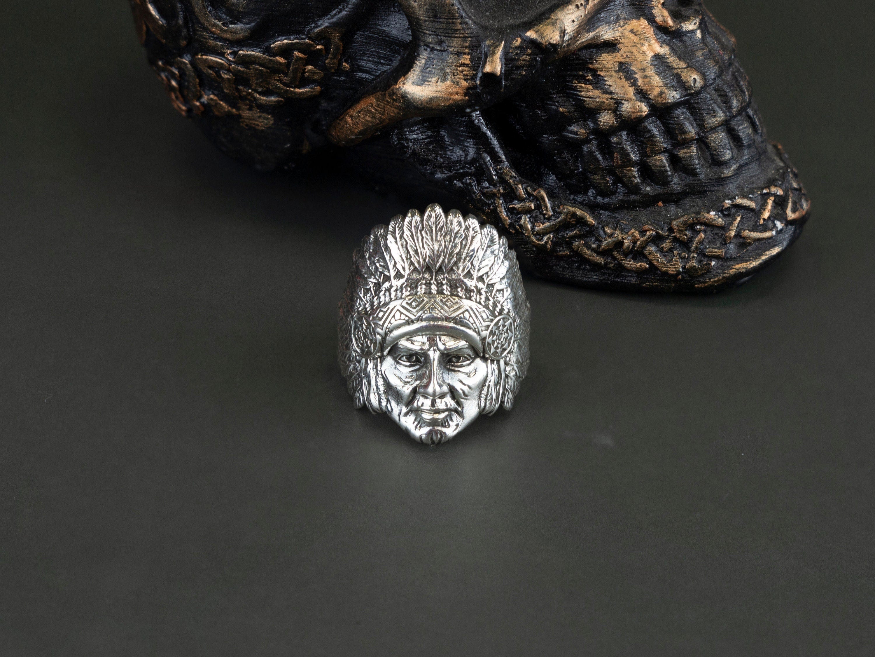 Silver Indian ring Silver Native American  Ring with Indian roach headdress Biker jewelry