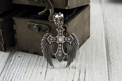 Heavy cross Silver cross pendant Biker jewelry Angel cross Gemstones cross