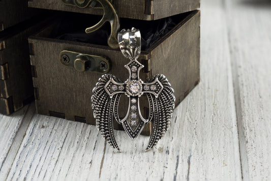 Heavy cross Silver cross pendant Biker jewelry Angel cross Gemstones cross