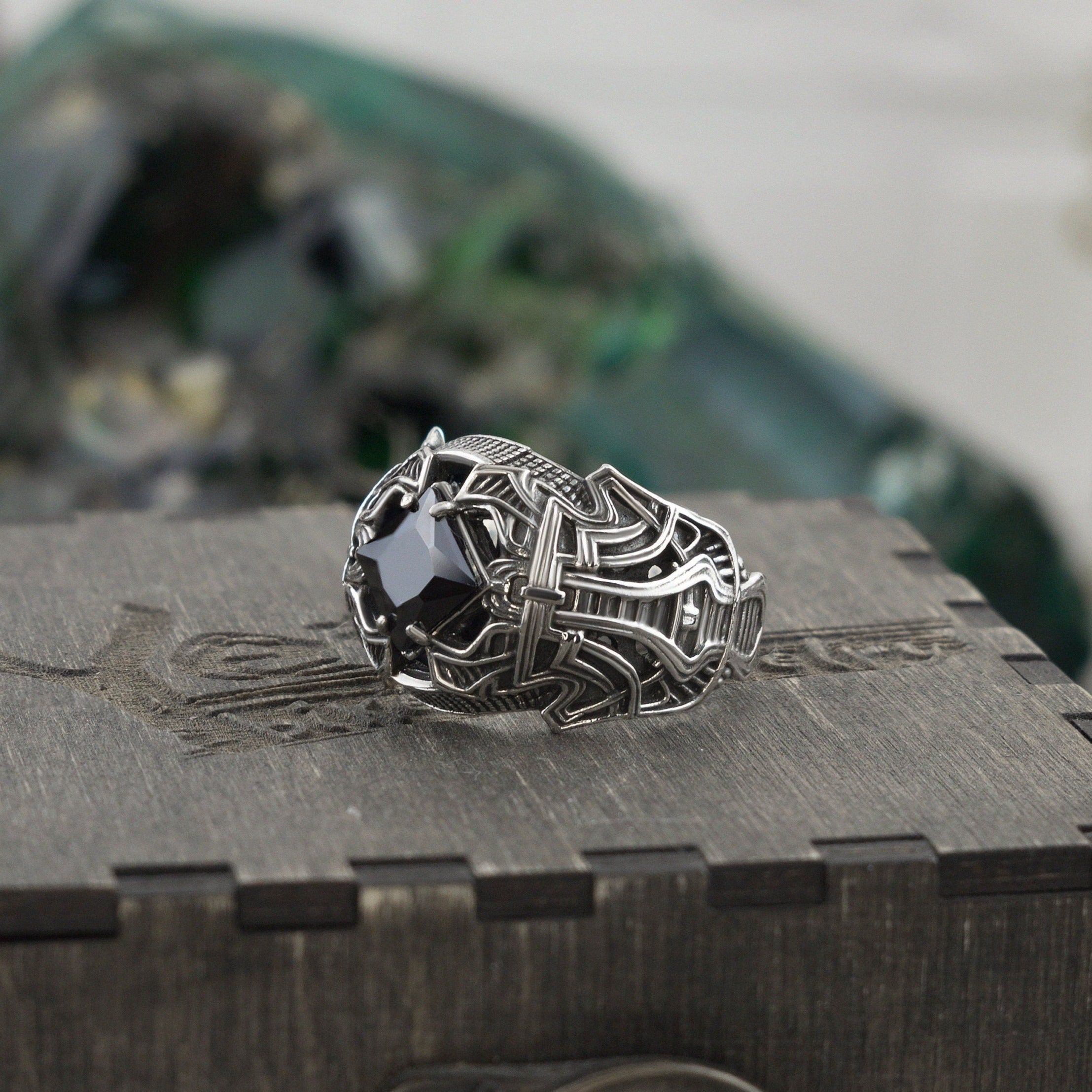 Black brutal men ring  Attractive  men ring with black gemstone Sterling silver Heavy jewelry Biker ring Mens Medieval