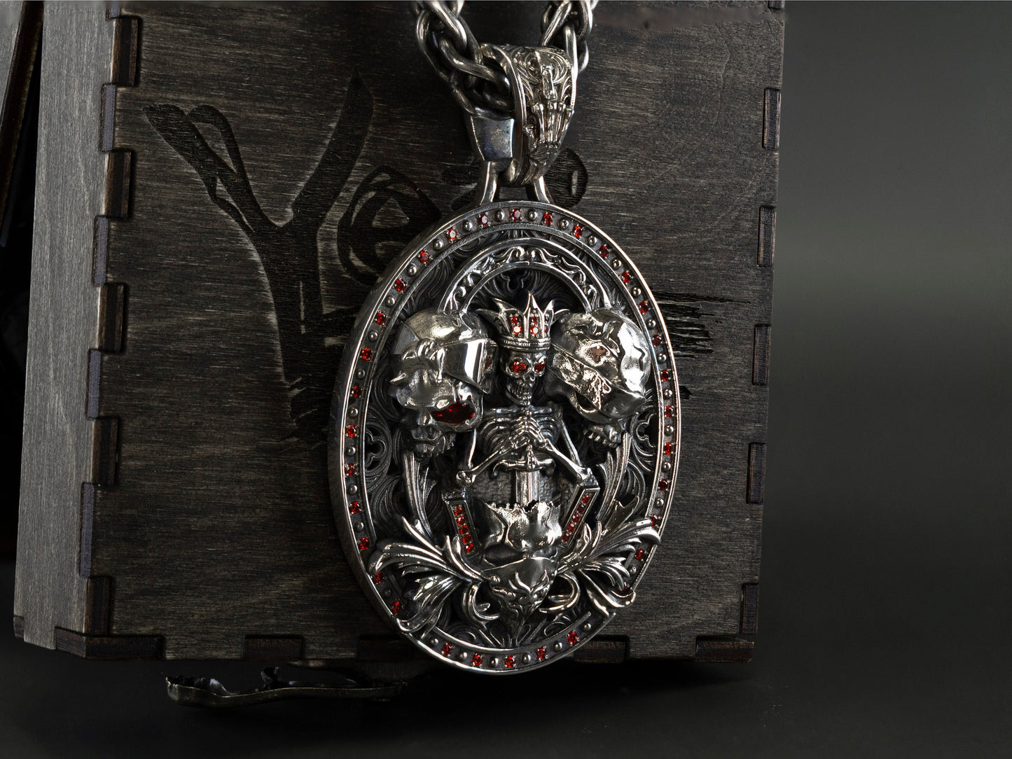 Skull pendant Silver skull pendant  See no evil see no evil speak no evil with red gemstones Biker jewelry Gift for biker