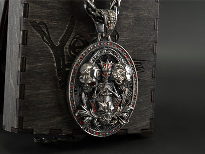 Skull pendant Silver skull pendant  See no evil see no evil speak no evil with red gemstones Biker jewelry Gift for biker