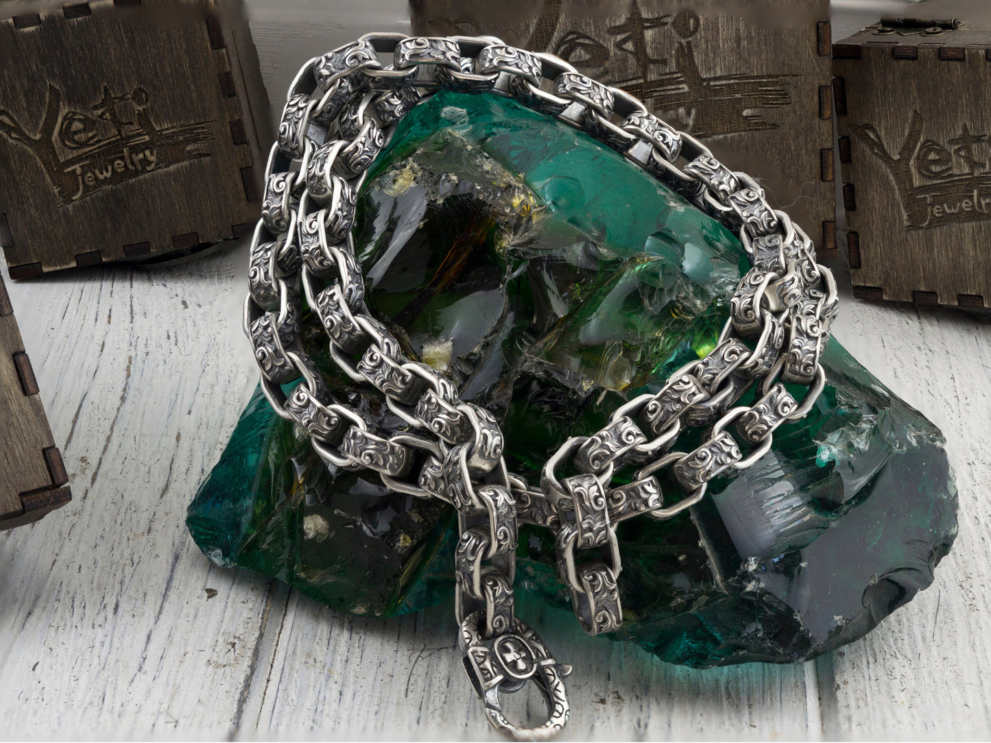 Heavy silver chain Brutalist necklace Silver biker jewelry Floral ornament chain