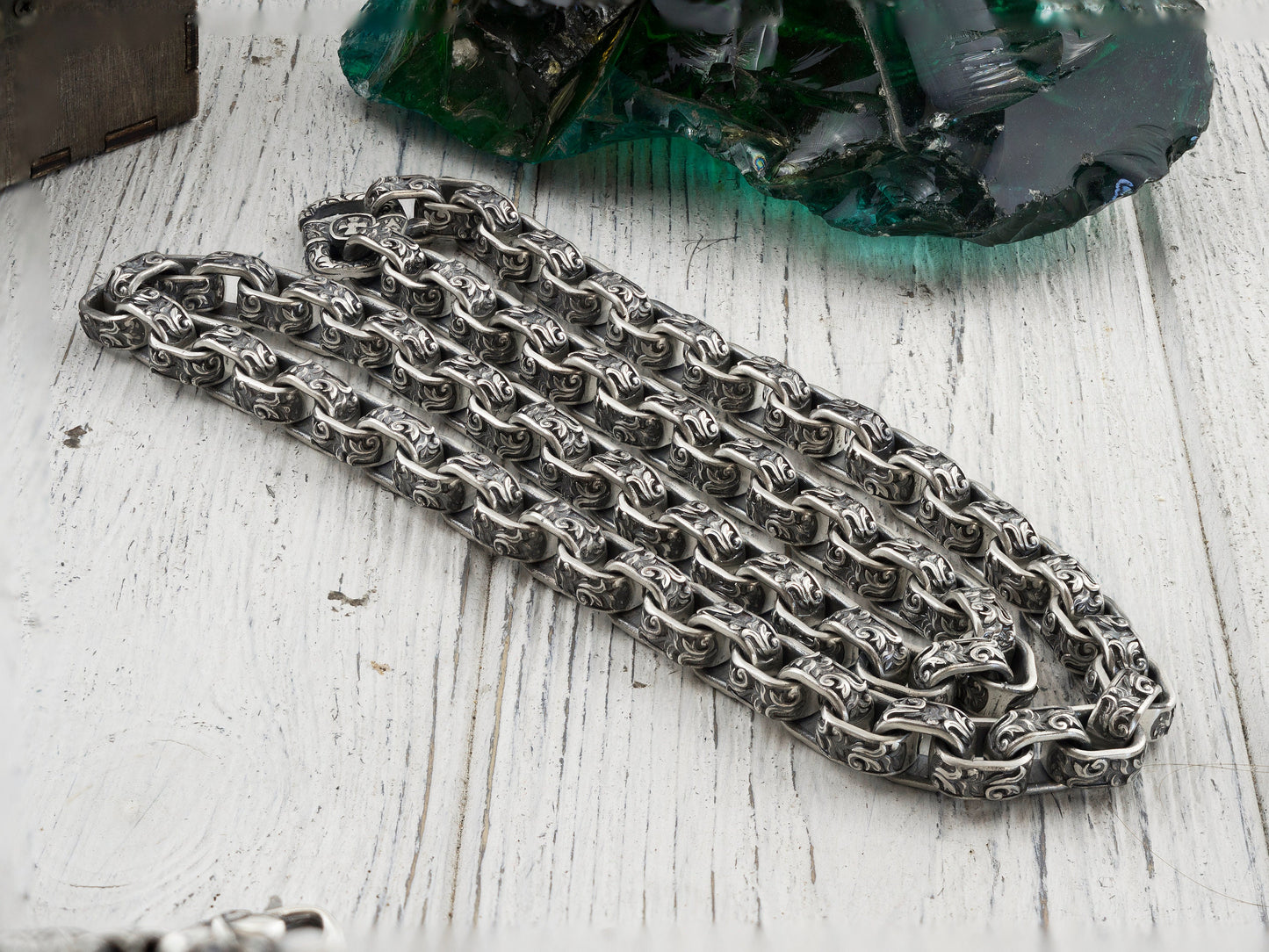 Heavy silver chain Brutalist necklace Silver biker jewelry Floral ornament chain