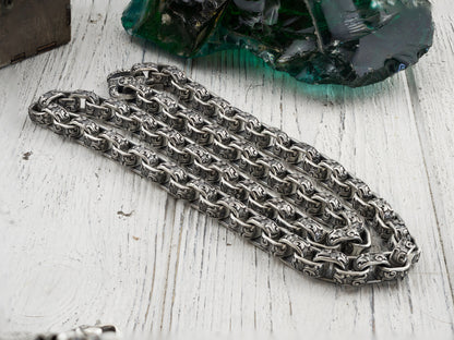 Heavy silver chain Brutalist necklace Silver biker jewelry Floral ornament chain