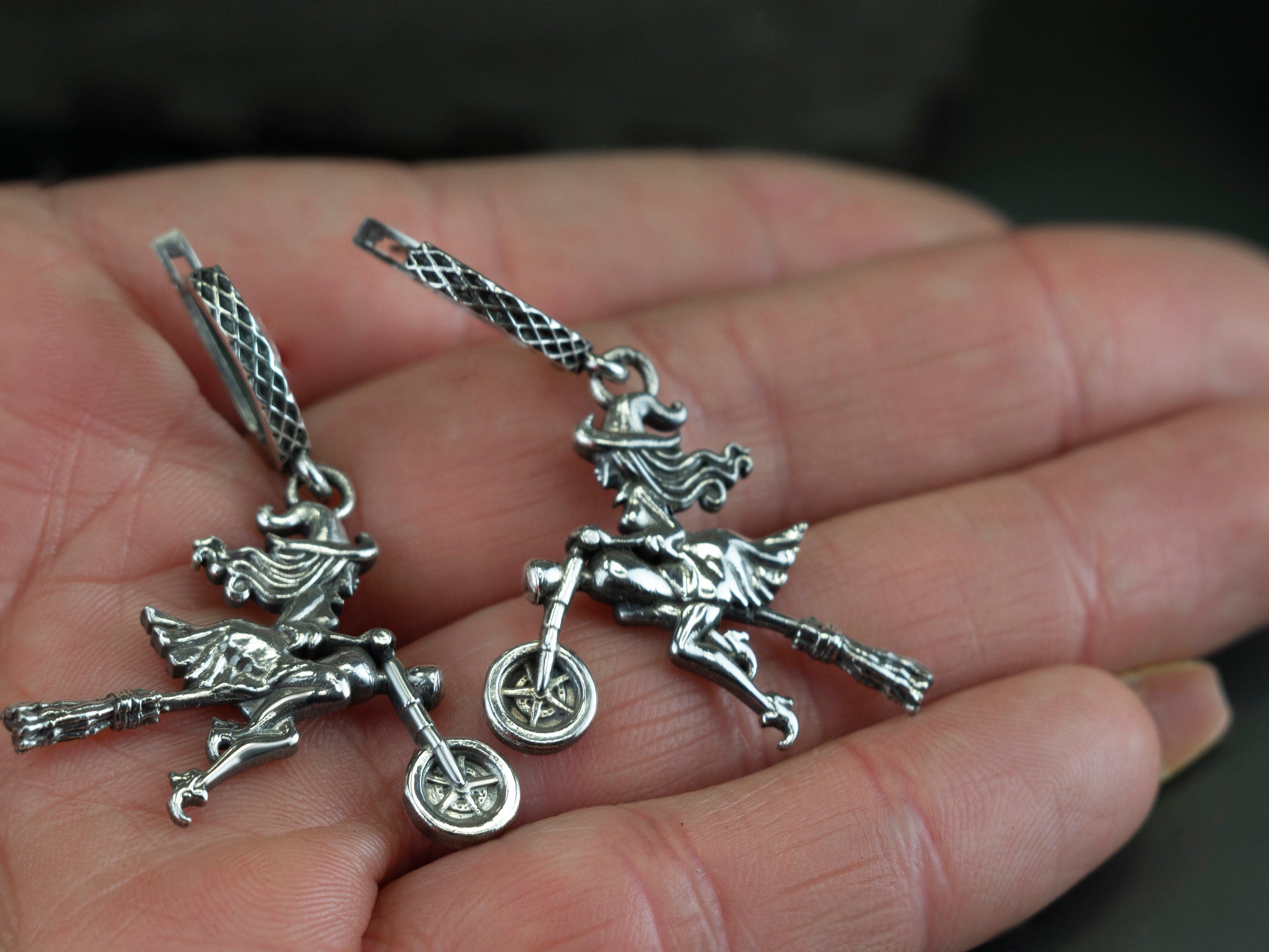 Wiches earrings Witch on bike Silver gift for motorcycle lady   Witch on a motorcycle