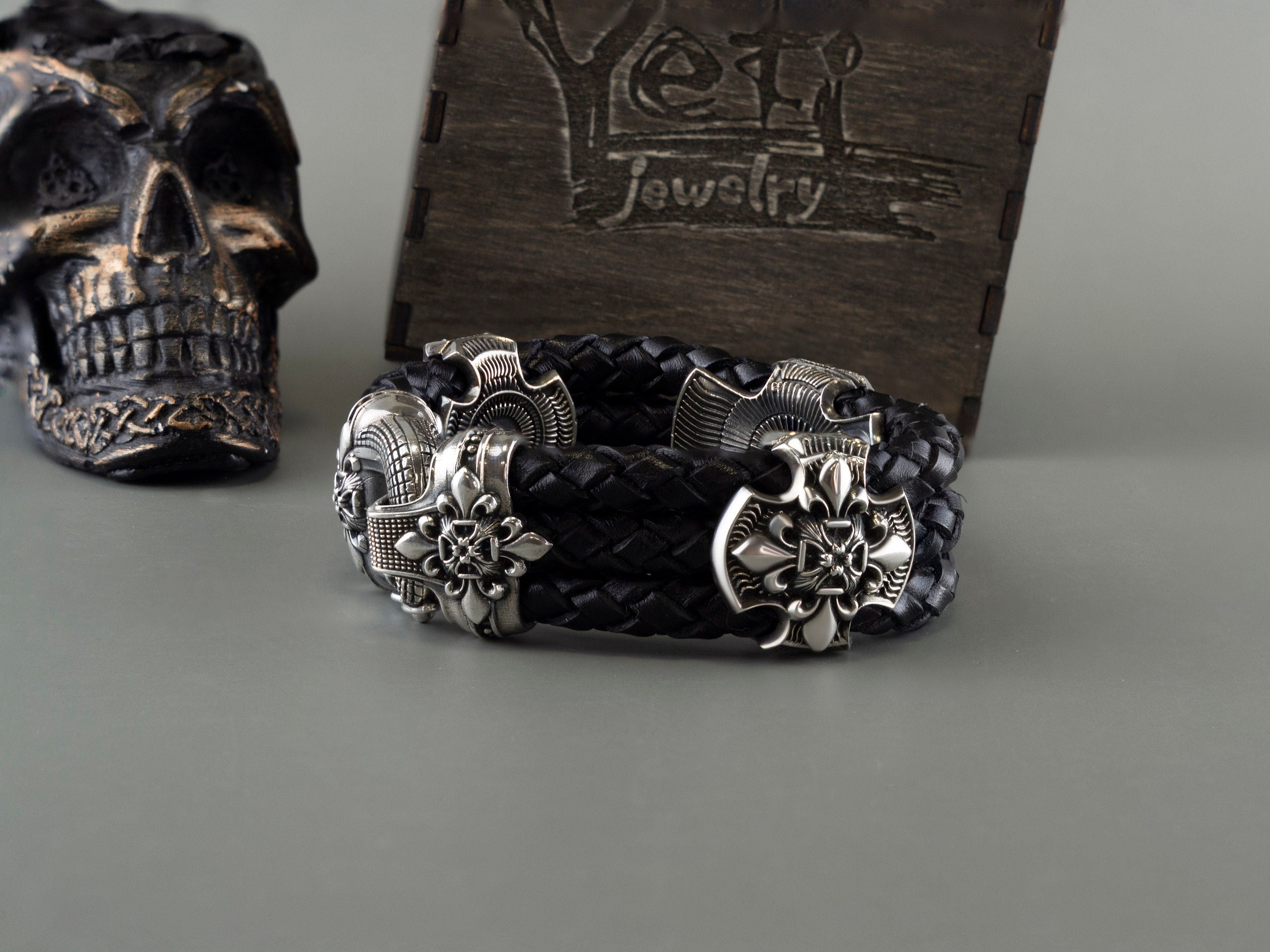 Huge skull bracelet  Silver skull bracelet with leather Biker jewelry