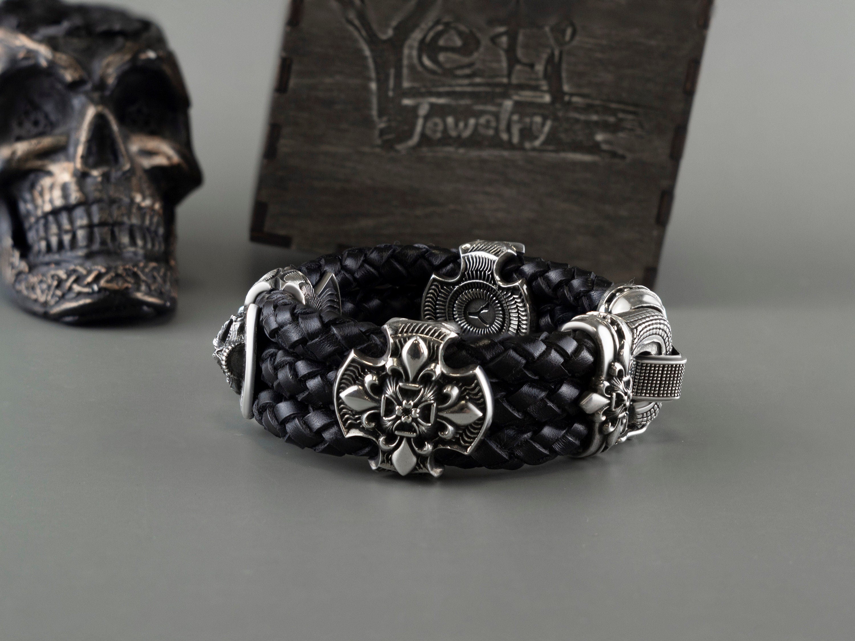 Huge skull bracelet  Silver skull bracelet with leather Biker jewelry