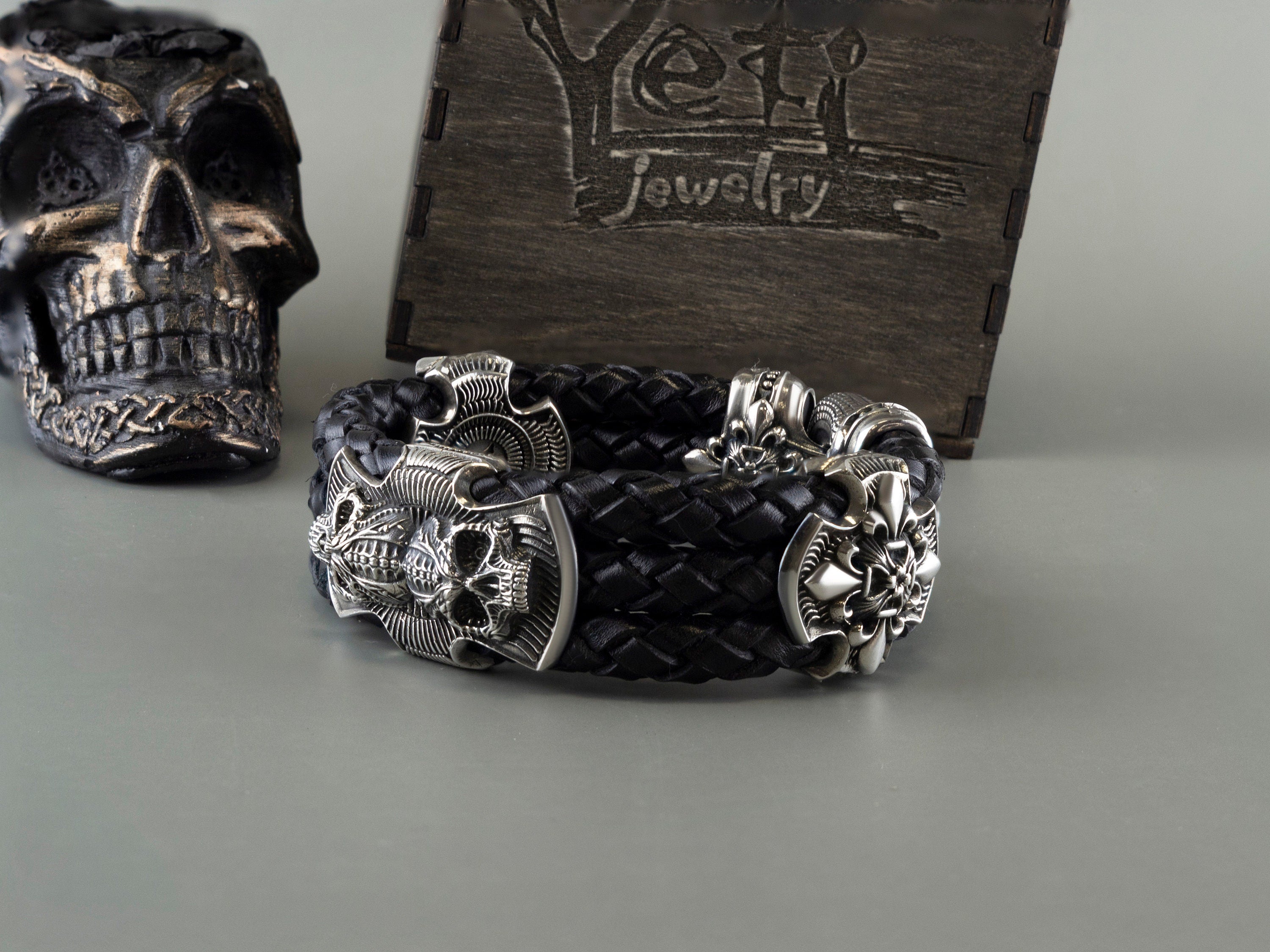 Huge skull bracelet  Silver skull bracelet with leather Biker jewelry