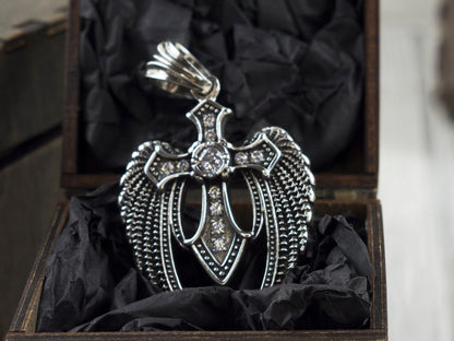 Heavy cross Silver cross pendant Biker jewelry Angel cross Gemstones cross