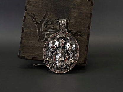 Skull pendant Silver skull pendant  See no evil see no evil speak no evil with red gemstones Biker jewelry Gift for biker