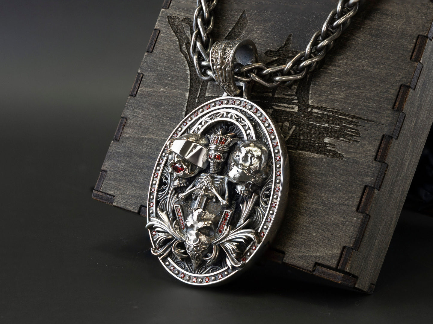 Skull pendant Silver skull pendant  See no evil see no evil speak no evil with red gemstones Biker jewelry Gift for biker