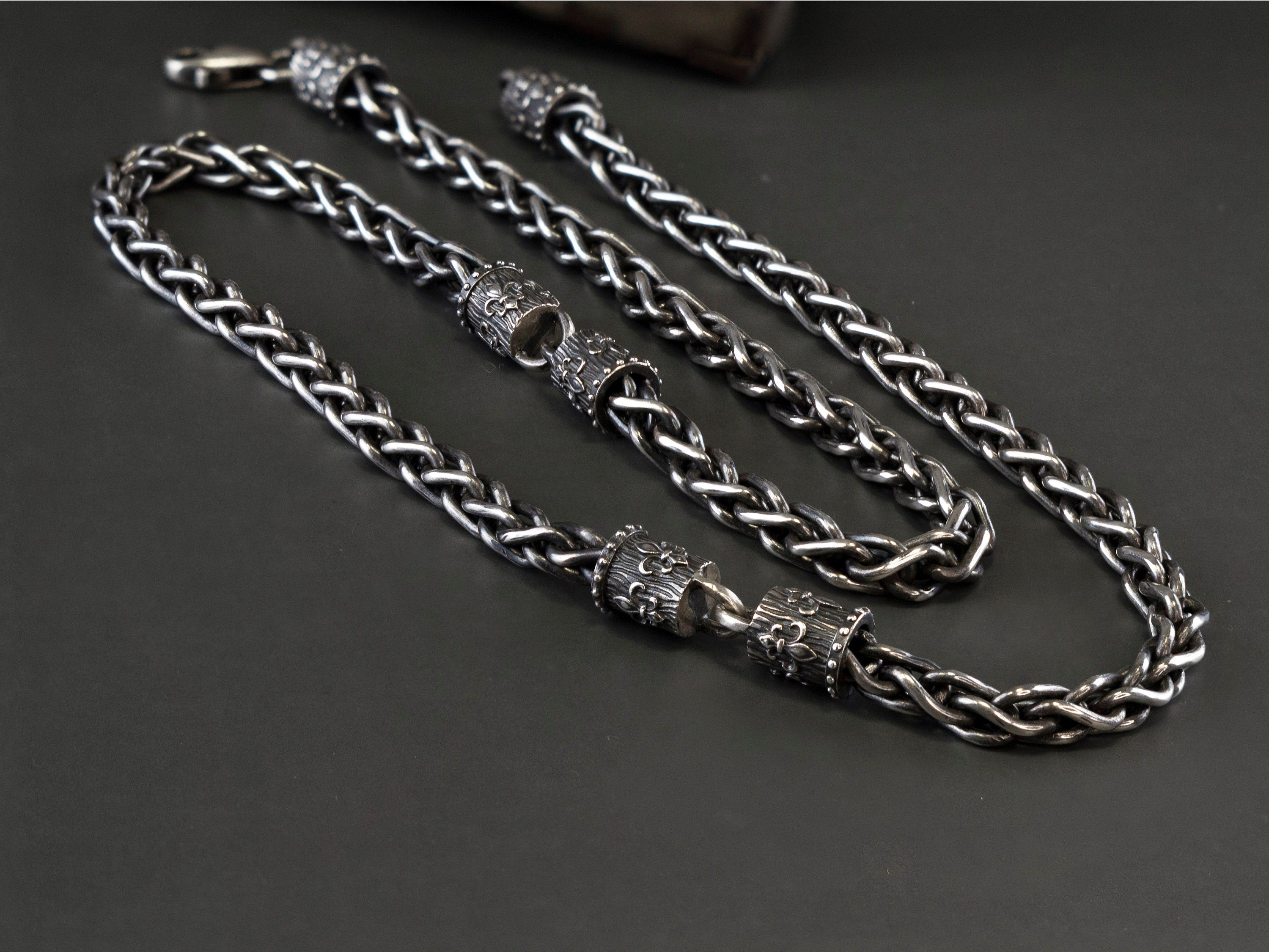 Sterling silver chain Men's necklace Fleur de lis chain Medieval style silver chain Fleur de lis jewelry