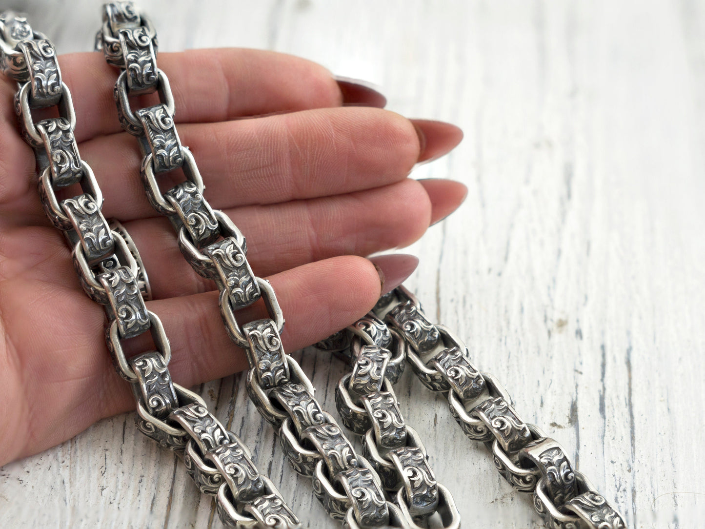 Heavy silver chain Brutalist necklace Silver biker jewelry Floral ornament chain