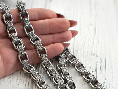 Heavy silver chain Brutalist necklace Silver biker jewelry Floral ornament chain