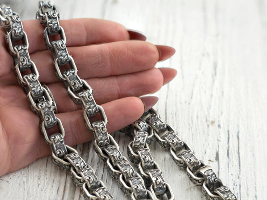 Heavy silver chain Brutalist necklace Silver biker jewelry Floral ornament chain