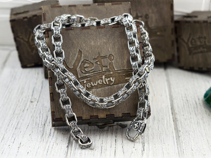 Heavy silver chain Brutalist necklace Silver biker jewelry Floral ornament chain